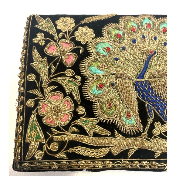 1930s Art Deco Metallic Silver Tinsel Rose Embroidered Black Royal Velvet Clutch